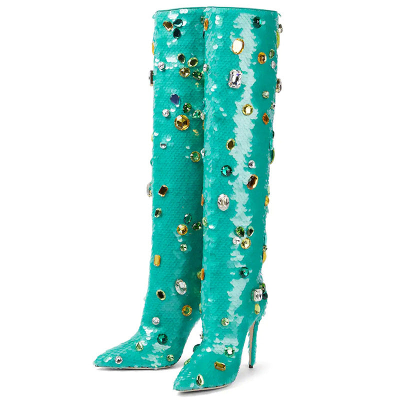 T Stage Show Pointed Toe Stiletto High-Heeled Gemstone Sequins But The Knee Women's Boots a Large Size Dancing Boots 12cm High