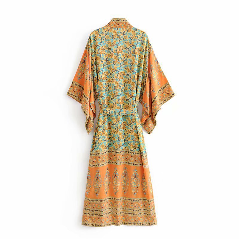 Spring/Summer Women's New Positioning Print Ankle Kimono Robe Yellow - KAISERINC