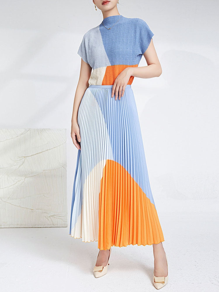 Contrast Color Pleated 2 Pieces Set For Women Slim Tops High Waist Fold Skirts Fashion Female Clothing