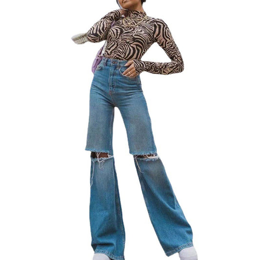 Summer New Fashion Ripped Loose Flared Jeans For Women Street Hipster Casual Denim Straight Pants - KAISERINC