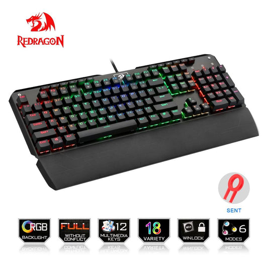 Redragon USB mechanical gaming keyboard ergonomic RGB LED backlit keys Full key anti-ghosting 104 wired Computer gamer K555RGB - KAISERINC