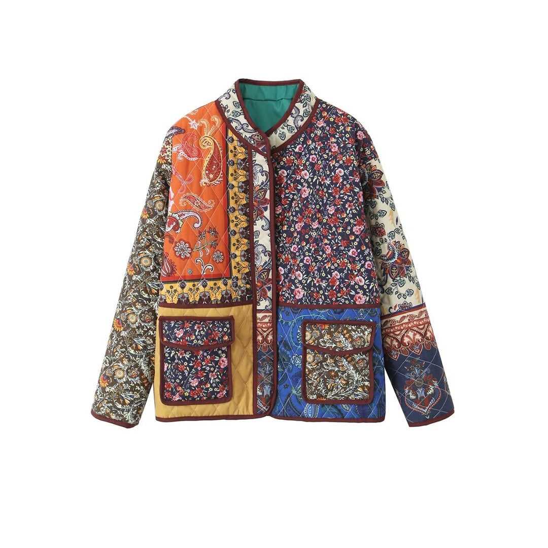 Vintage Printed Women Cotton Padded Jacket Traf   Winter Warm Long Sleeve Pockets Loose Coat Female Parkas Top - KAISERINC