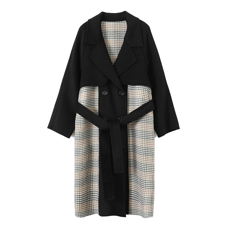 Color Blocking Design Reversible Woolen Coat Women's Autumn And Winter New Temperament Double Breasted Coat - KAISERINC