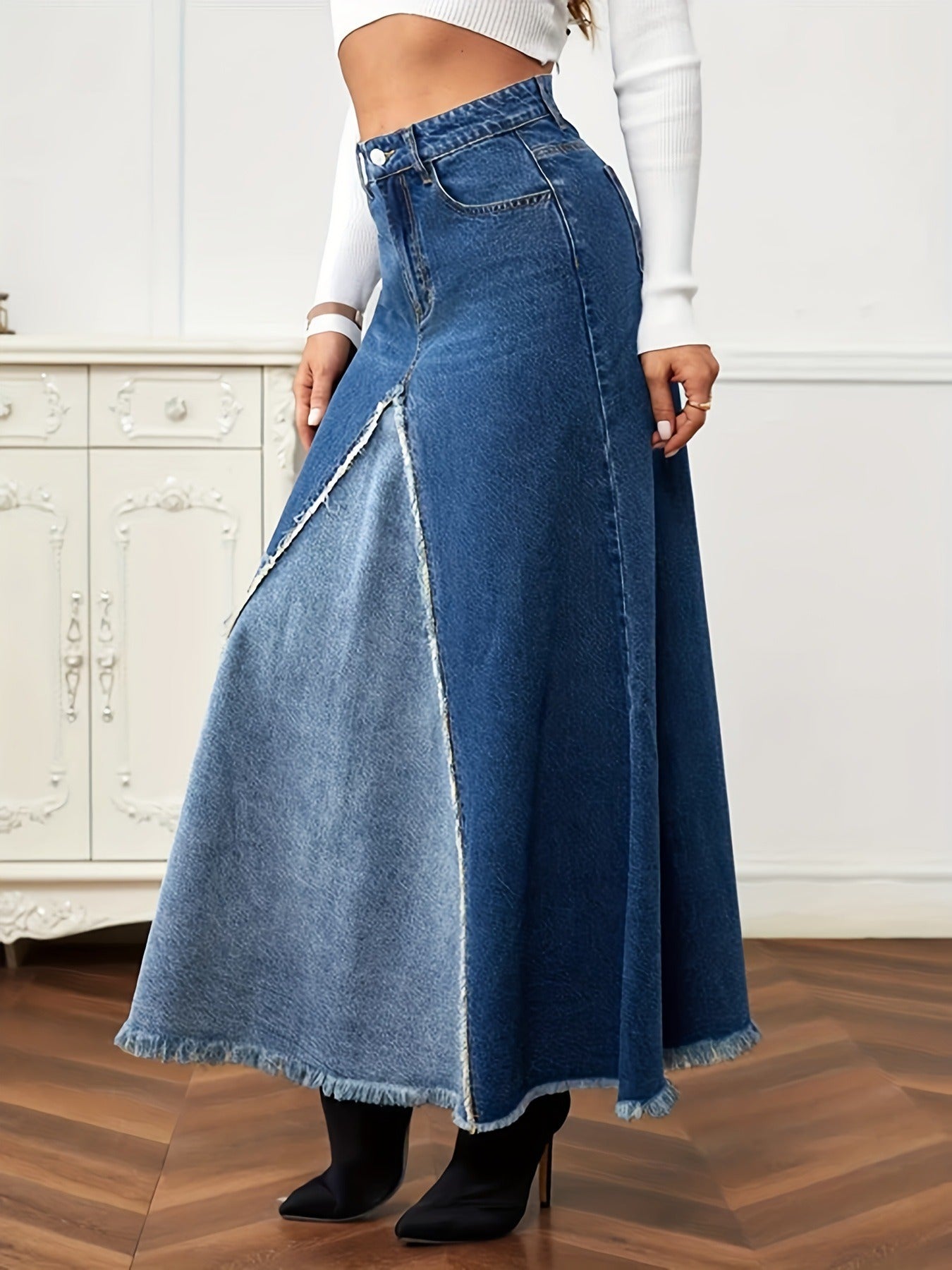 Autumn New Women's Denim Long Skirt Fashion Loose Spliced Denim Swing Skirt - KAISERINC