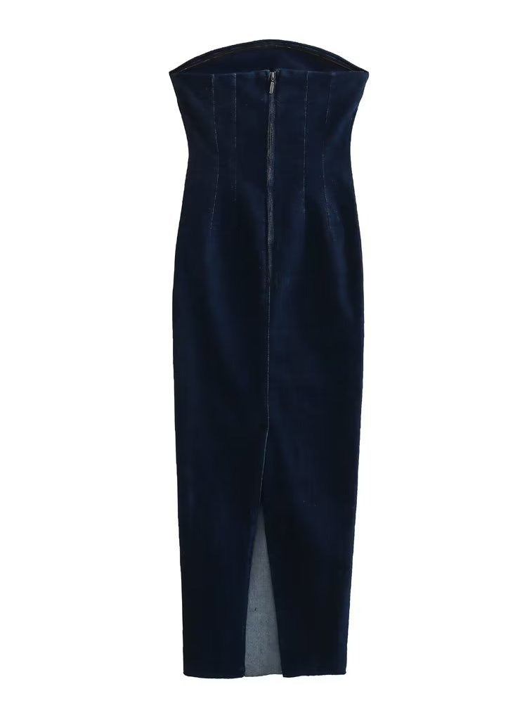 Summer Back Slit Dress Sexy Slim Backless Strapless Dress Female Long Denim Dress - KAISERINC