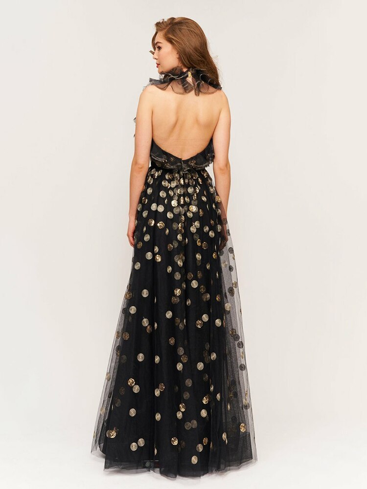 Backless Black Evening Dress Women V Neck Sleeveless Ruffles Sequins Dress Summer New Trendy