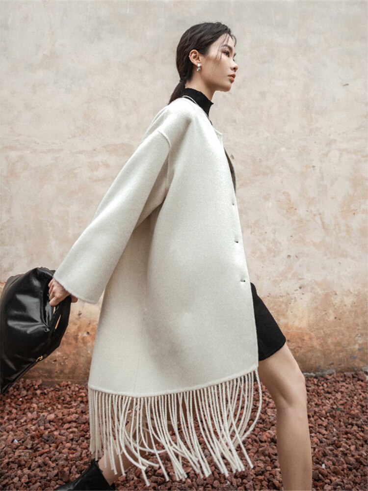 Autumn And Winter New Full Wool Long Tassel Knitted Overcoat Design Feeling Double-Sided Wool Cloth - KAISERINC