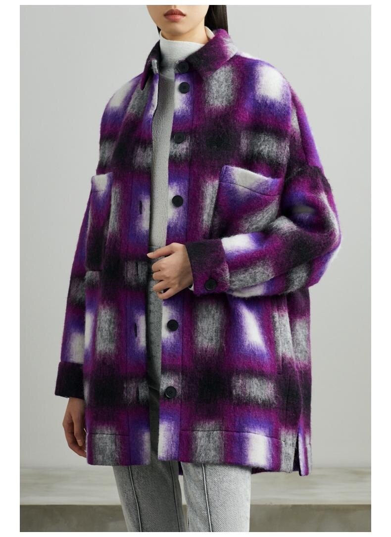 Women Wool Blend Plaid Coat Autumn Winter Turn-Down Collar Ladies Long Sleeve Woolen Jacket Outwear Top With Pockets - KAISERINC
