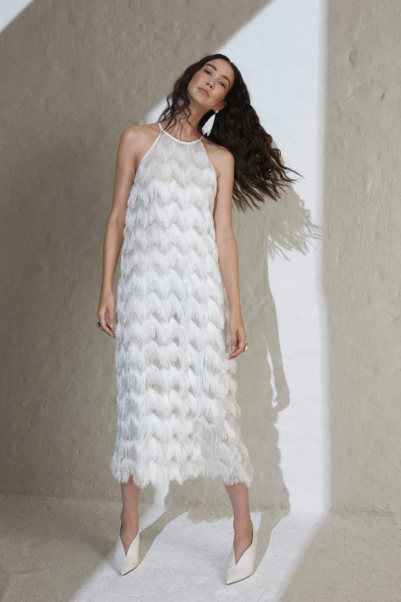 European Summer New Temperament Niche Design Sense High-end Sleeveless Round Neck White Fringed Dresses Women Fashion Streetwear - KAISERINC
