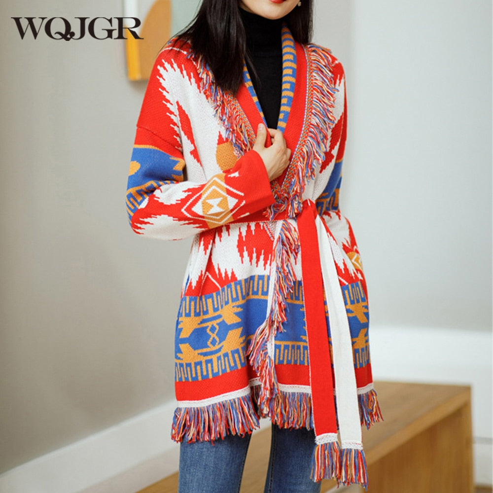 WQJGR Autumn Winter Cardigan Sweater Women Wool Kniited Tassel Colorful Print Loose Full Sleeve Fashion High Quality - KAISERINC