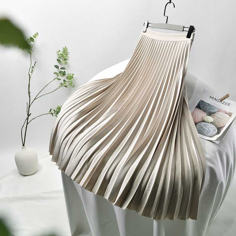 Women A-Line Spring Pleated Skirt Elegant High Waist Long Skirt - KAISERINC