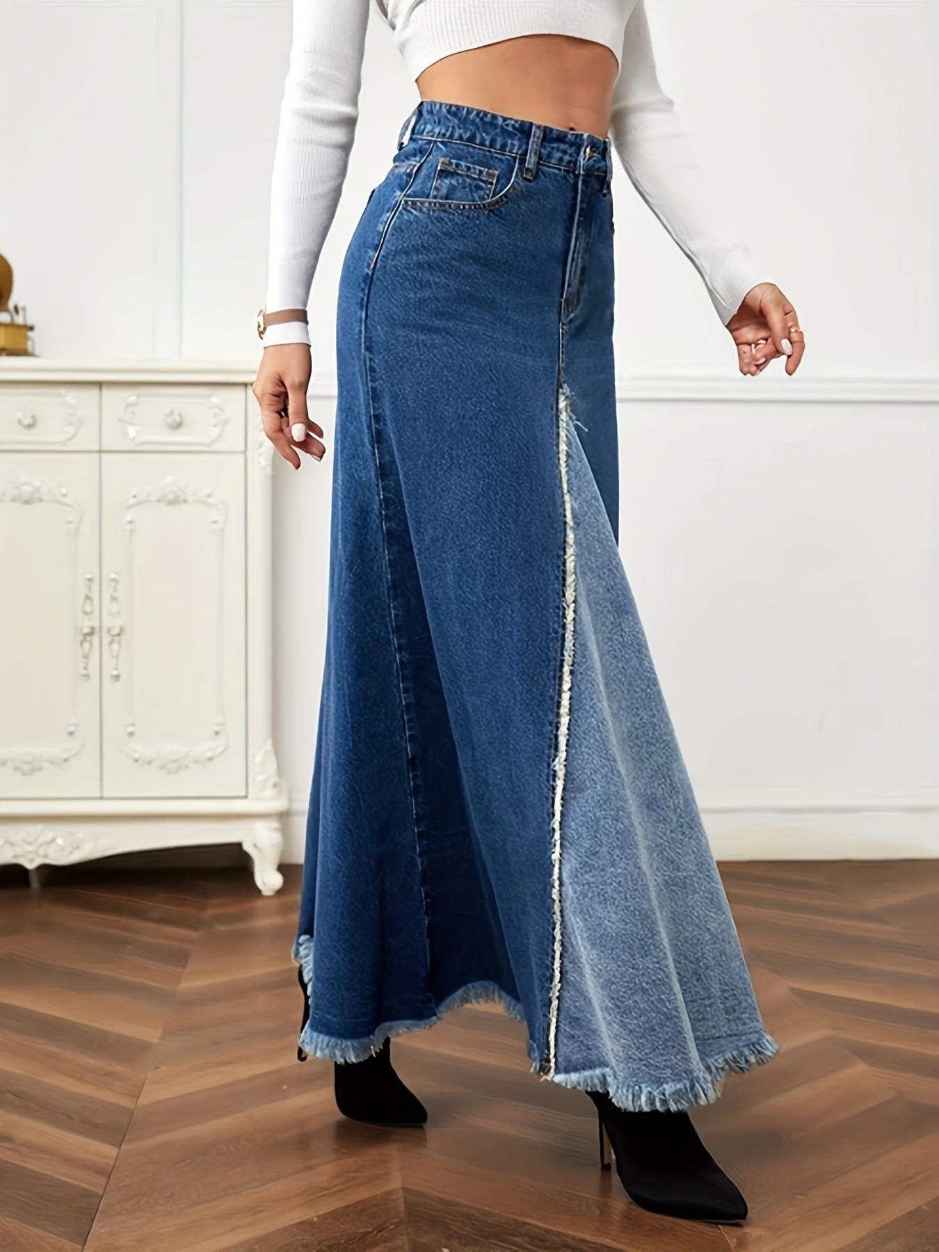 Autumn New Women's Denim Long Skirt Fashion Loose Spliced Denim Swing Skirt - KAISERINC