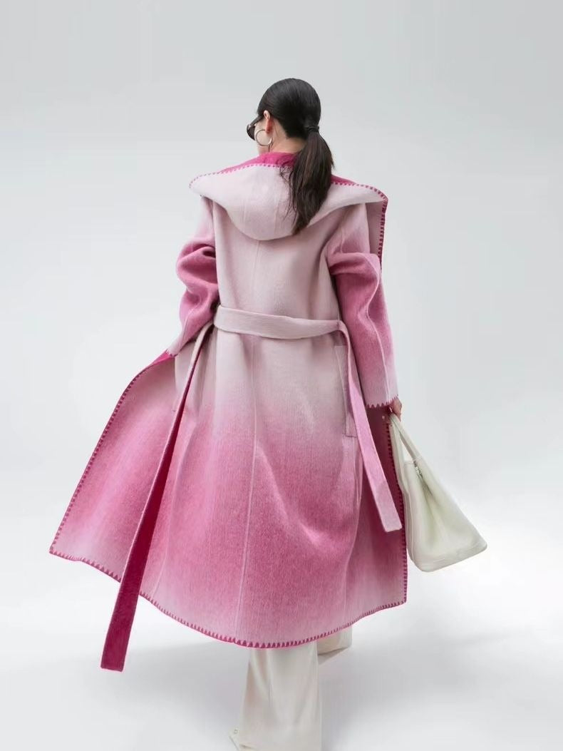 Fashion Women's Woolen Coat Hooded Buttonless Lace-up Straight Two-sided Gradient Mid-calf Overcoat - KAISERINC