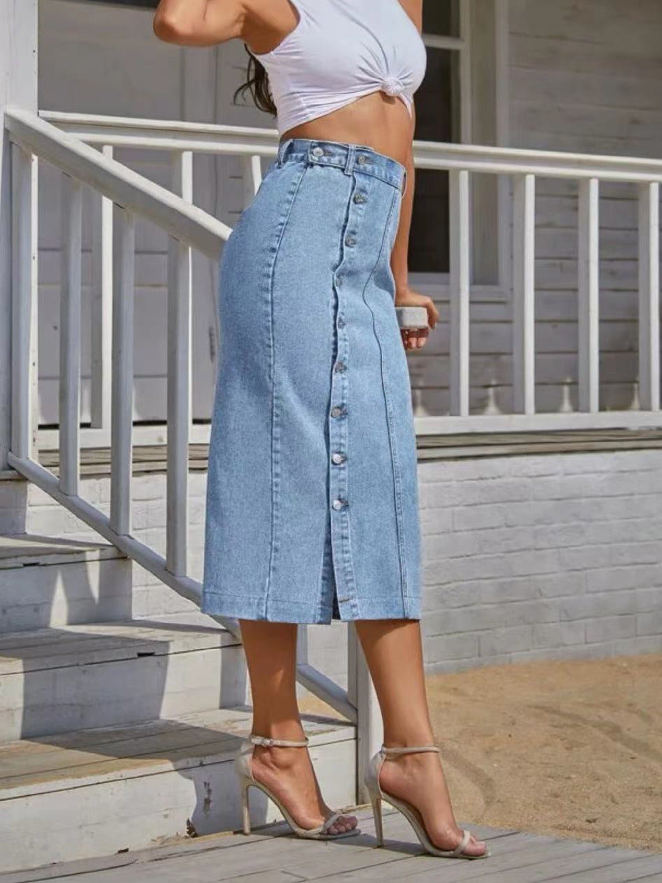 Summer New Women's Button Pack Hips Denim Skirt Fashion Slim Mid Length Jeans Skirt - KAISERINC