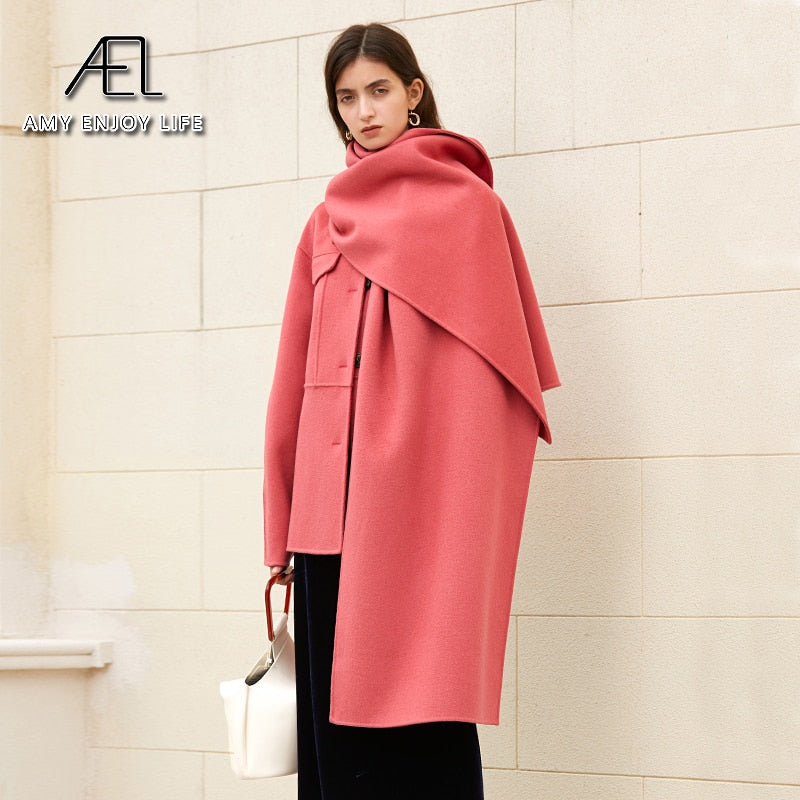 100% Wool Woolen Coat With Belt Spring Autumn Jacket For Women Solid With Scarf Warm Fashion Streetwear - KAISERINC
