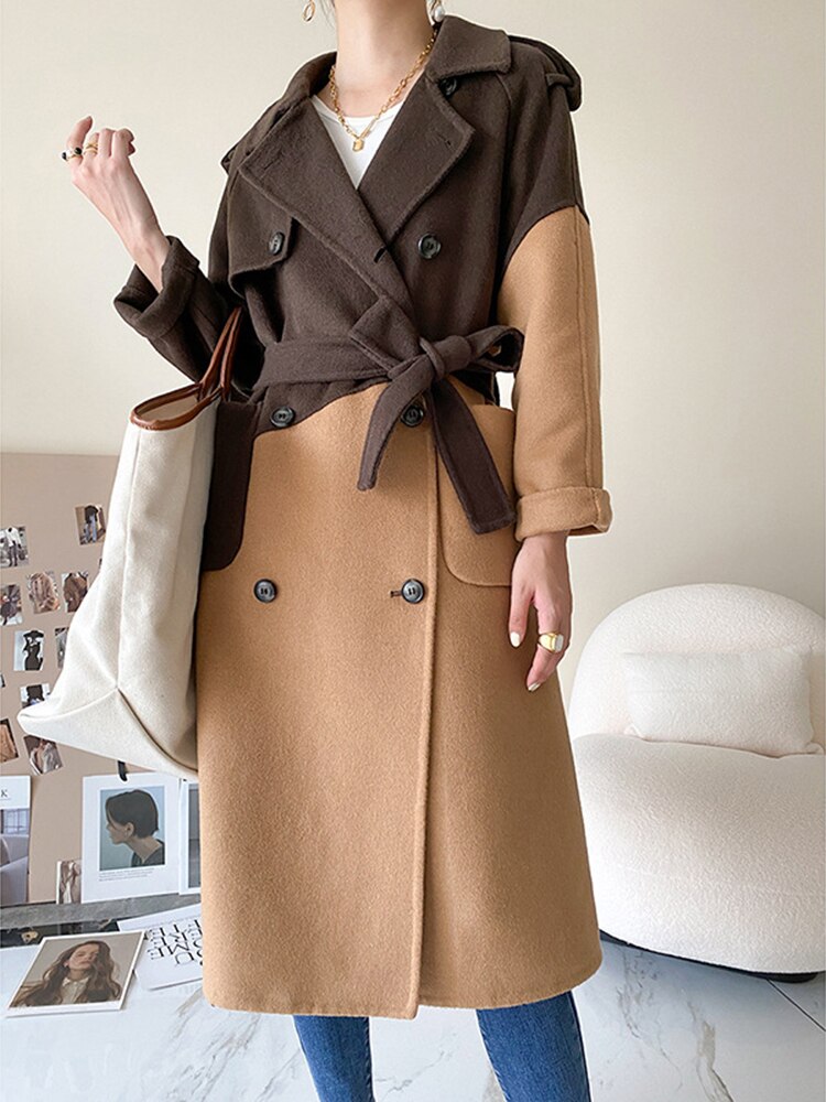 Loose Fit Khaki Color-block Big Size Woolen Coat Parkas New Long Sleeve Women Fashion Trend Autumn Winter - KAISERINC