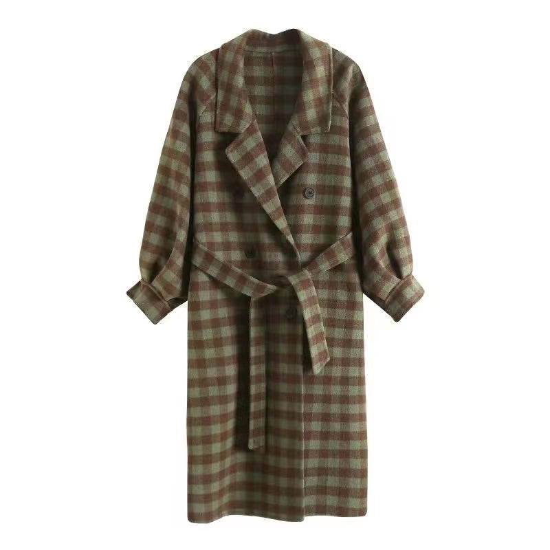 Autumn New Monochrome Card Green Plaid Lace Double-Sided Woolen Women's Long Coat - KAISERINC