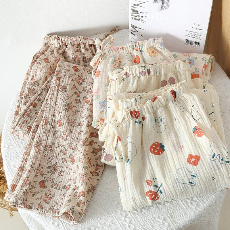 Women's Pajama Pants Summer Thin Trousers Casual Loose Home Sleep Bottoms Cotton Gauze Lounge Wear Elastic Waist Sleepwear - KAISERINC