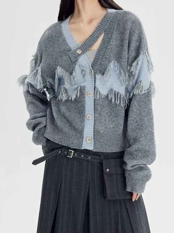Patchwork Tassel Knitting Sweaters For Women V Neck Long Sleeve Hit Color Casual Loose Sweater Female Fashion - KAISERINC