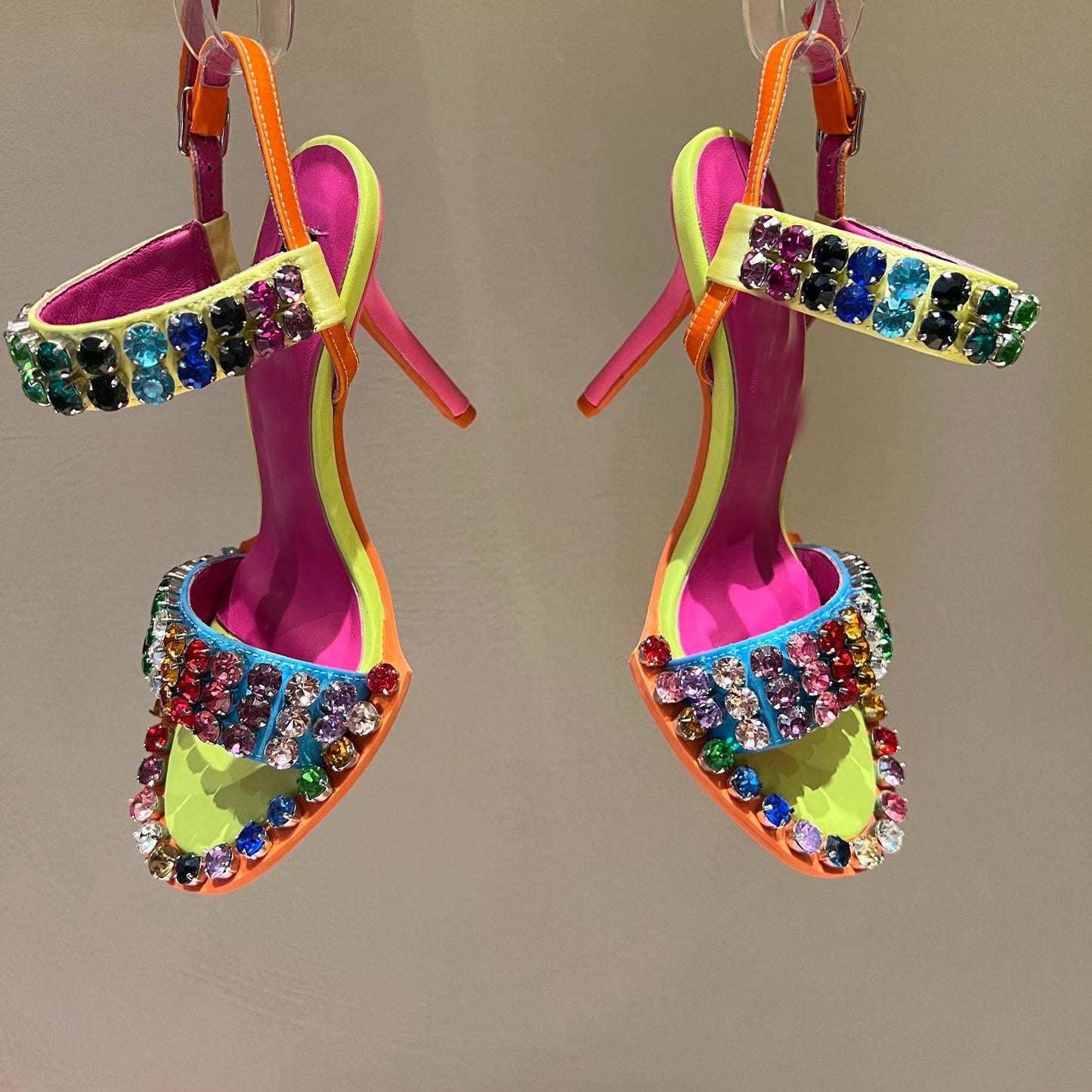 Newest Rhinestones High Heel Sandals Summer Open Toe Ankle Strap Dress Shoes Colorful Stones Wedding Heels - KAISERINC