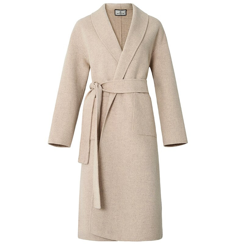 Wool Slim Fit Coat Autumn and Winter New Medium Long Lace up Vintage Slouchy Woolen Coat - KAISERINC