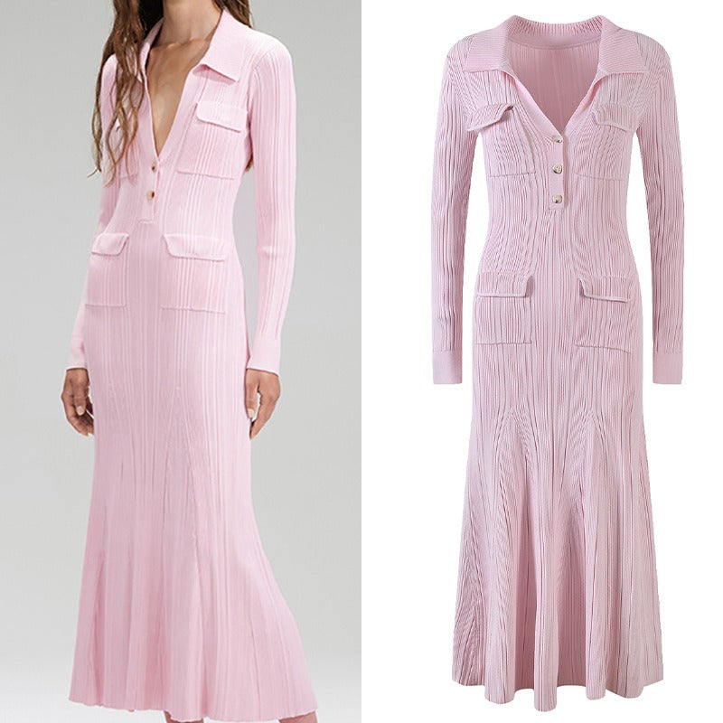Women's pink knitted medium-length dress senior sense of fashion temperament polo collar waist-skimming long dress - KAISERINC