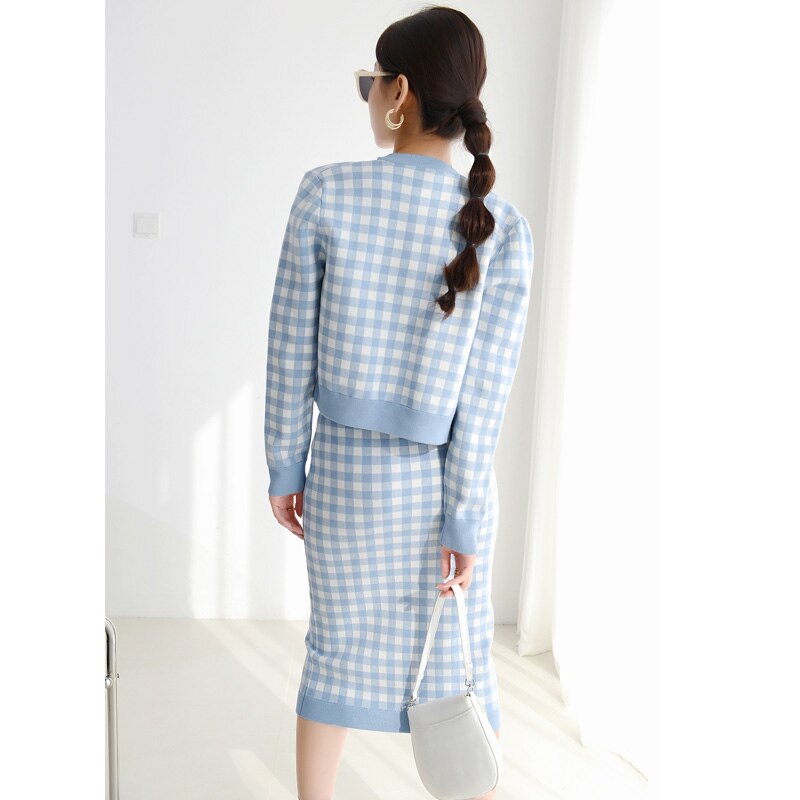 Fashion Top Quality 3 Piece Sweater Set Women Clothing Plaid Pattern 3 Colors Knitting Suit for Lady