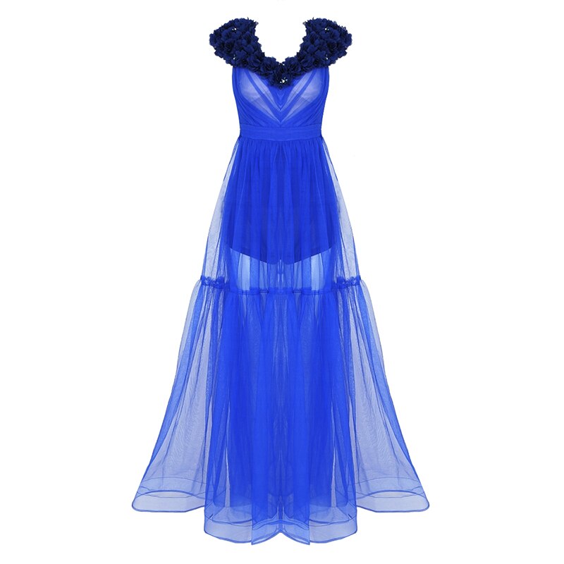 Trendy Appliques Design Blue Long Dress Women Sexy Deep V Neck Celebrity Party Club Dress - KAISERINC