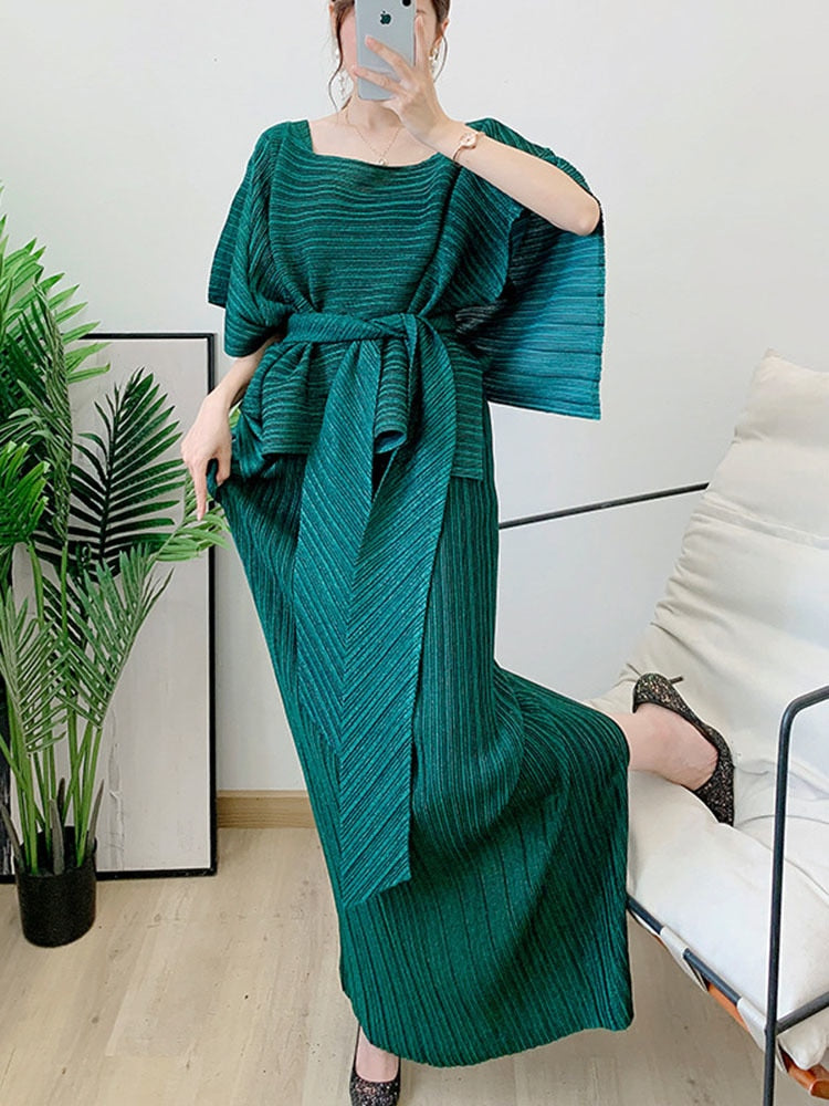 Two Pieces Pleated Skirt Set For Women Batwing Sleeves Loose Top With Long Length Skirts Female Elegant Clothing - KAISERINC