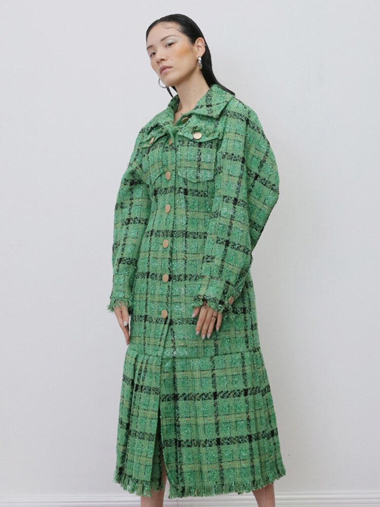 Loose Fit Green Plaid Pleated Elegant Woolen Coat Parkas New Long Sleeve Women Fashion Autumn Winter - KAISERINC