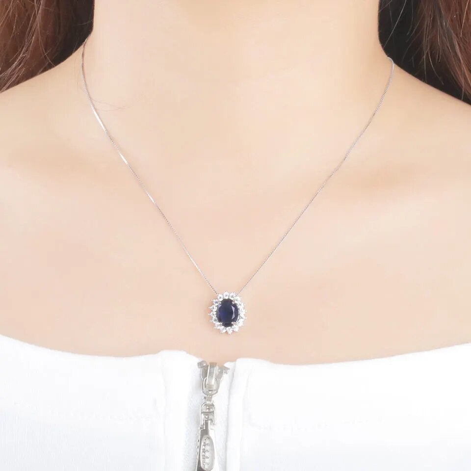 UMCHO Blue Sapphire Necklaces Pendants Princess Diana Genuine 925 Sterling Silver Gemstone Pendant for Women Wedding Party Gift