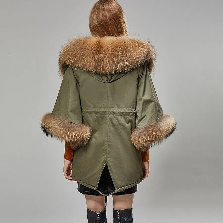 Autumn new natural real raccoon fur collar Parkas Casual coat Flared sleeve cloak cotton jacket women's clothing Woman fur coat