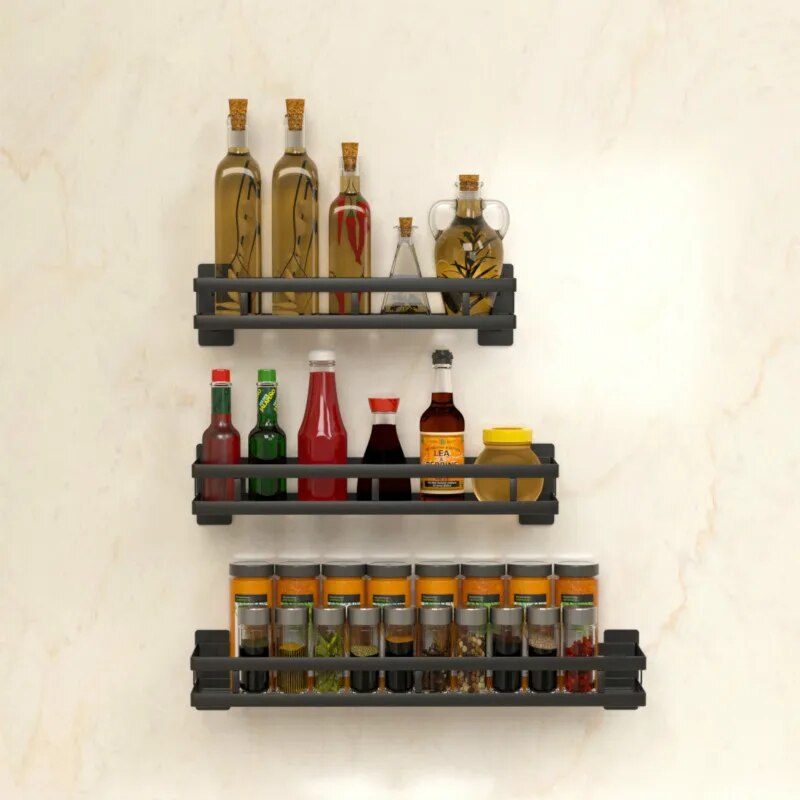 Kichen Organizer Kitchen Condiment Rack Storage Rack Nail-free Black Stainless Steel Removable for Easy Cleaning
