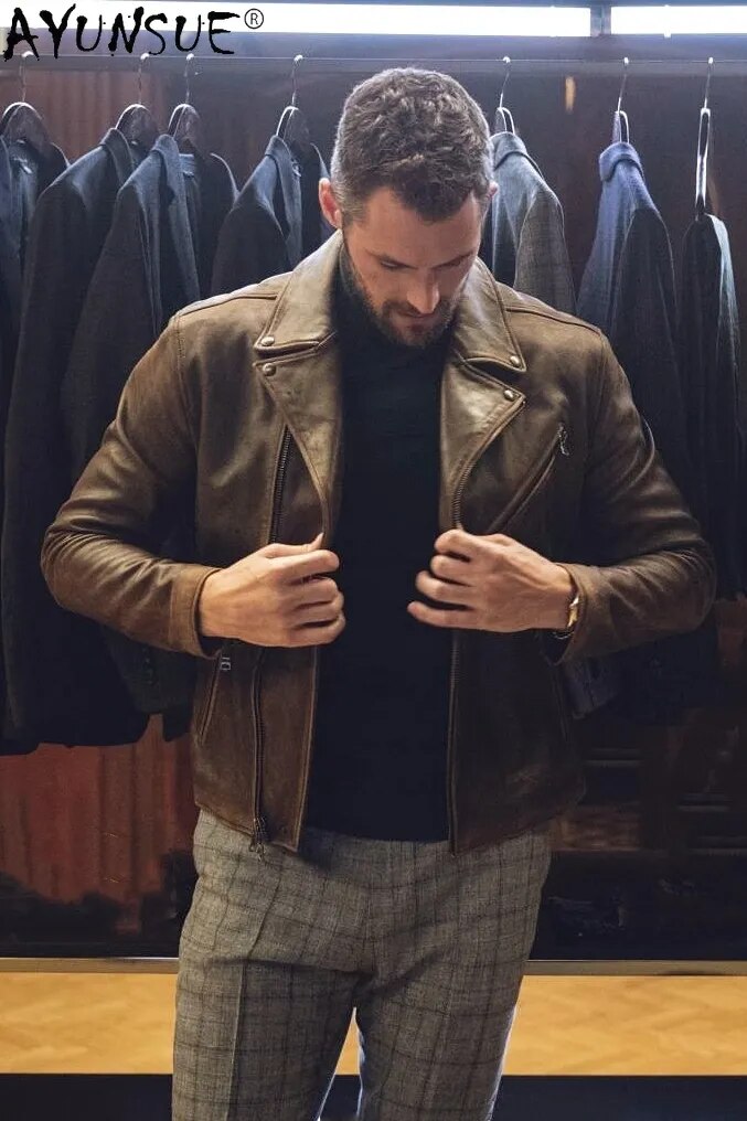 AYUNSUE Men Jacket Real Cowhide Leather 2020 Men's Clothing Motorcycle Autumn Coat Male Luxury Mens Clothes Hommes Veste LXR506