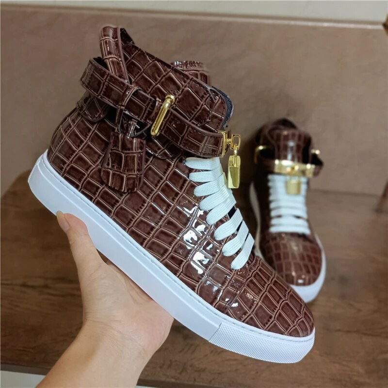Phenkang Men Alligator Pattern High Top Sneakers Lock Lace Flats Glossy Real Leather Newest Designer Boots Men‘s Casual Shoes