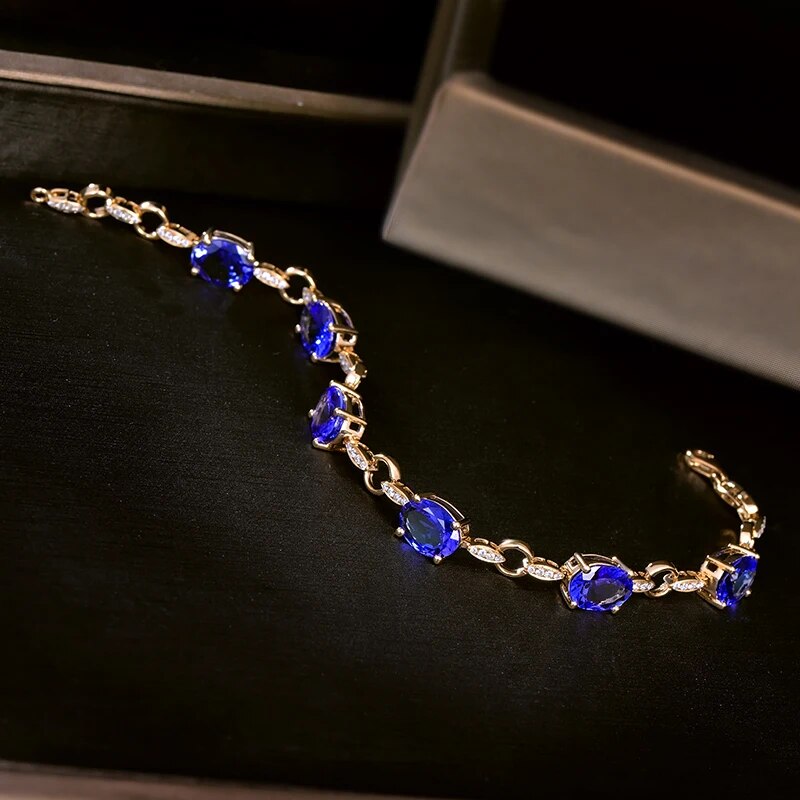 LOVERJEWELRY Lady Tanzanite Bracelets Gold Yellow Pure 14Kt AU585 Natural Blue Tanzanite Gemstones With Diamonds Women Bracelet