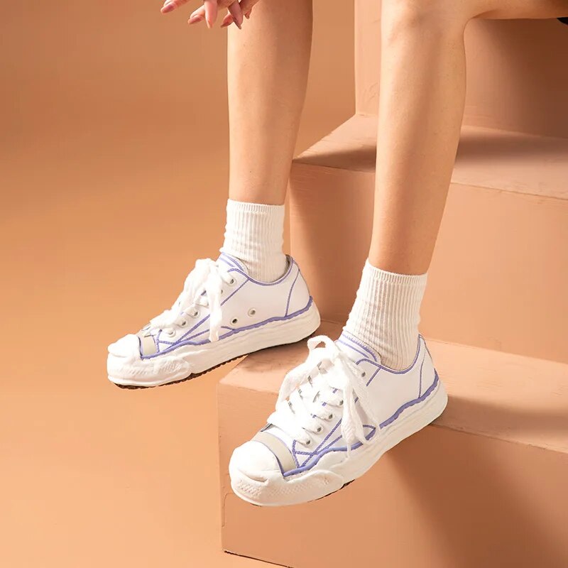 BeauToday Casual Sneakers Platform Women Cow leather Color Line Lace Up Sewing Detail Dissolve Sole Ladies Shoes Handmade 29219