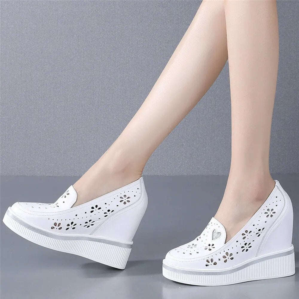 Fashion Sneakers Women Hollow Genuine Leather Wedges High Heel Ankle Boots Female Round Toe Platform Oxfords Shoes Casual Shoes