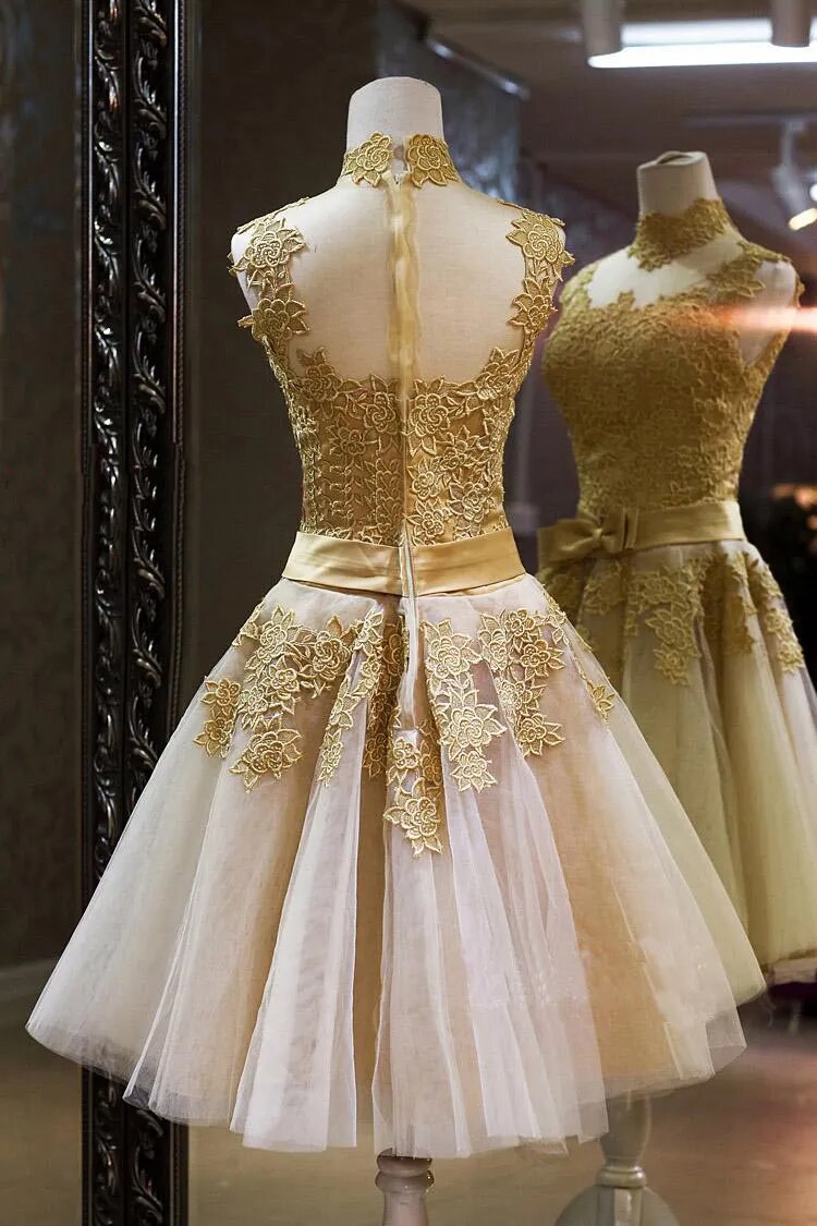 Robe De Soiree 2023 golden Short Lace Evening Dresses gowns Banquet Vintga High Neck vestido de festa Prom Dresses party dress - KAISERINC
