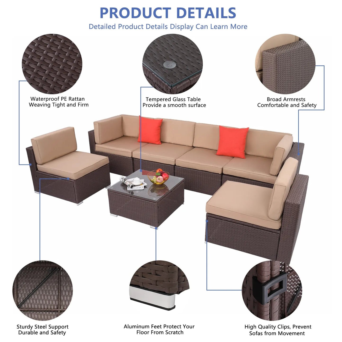 Outdoor Patio Furniture 7Pcs Set 2 Corners 4 No Armrests Sofa 1 Square Coffee Table Dark Brown Pattern Rattan Khaki Cushion