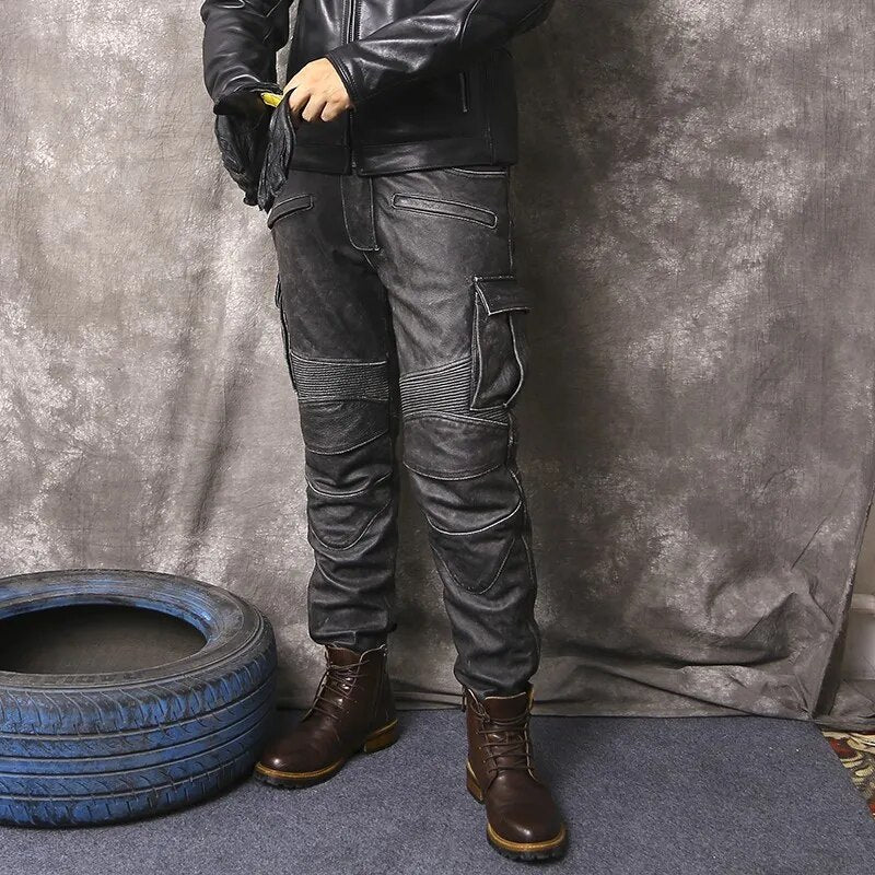 Vintage Moto Biker Genuine Leather Pants Mens Multiple Pockets Cargo Pants High Quality Winter Cowhide Casual Straight Trousers