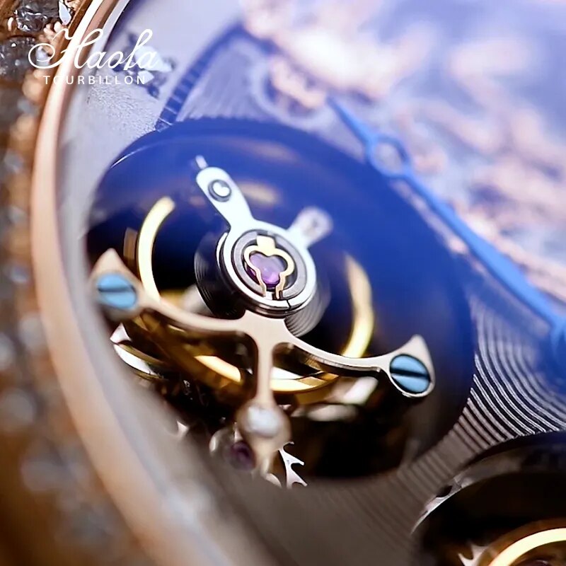 HAOFA Luxury 18K Gold Double Tourbillon Movement Skeleton Mens Watch Manual Mechanical Diamond Rose Watch For Men Sapphire K002