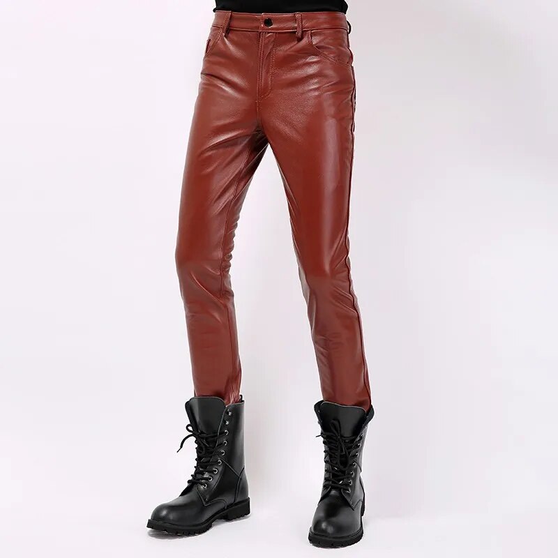 Classic Solid Color Men Genuine Leather Cowhide Motorcycle Pants Autumn Winter Skinny Pencil Pants Streetwear Punk Mens Trousers