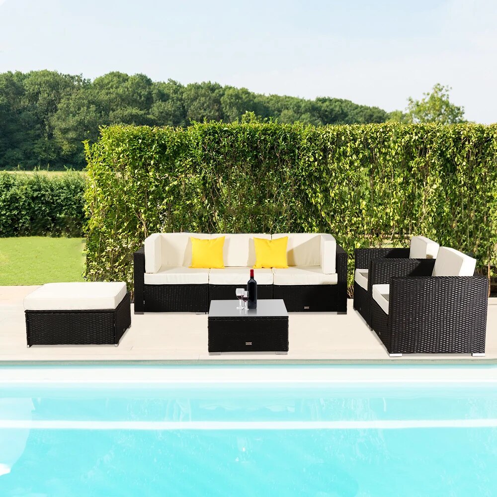 7Pcs Patio Furniture Set Include 1 Armless Sofa 2 Corner Sofa 2 Single Sofa 1 Table 1 Ottoman PE Wicker Rattan Steel Black[US-W]
