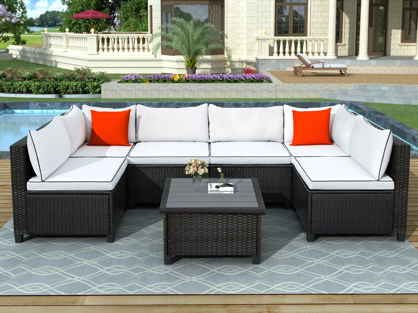 Rattan Wicker Outdoor Patio Furniture Set U-Shape Sectional w/ Cushions&Accent Pillows 1 Table+4 Armless+2 Corner Sofa[US-Stock]