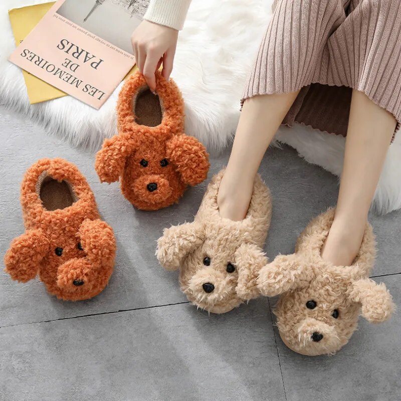 New Autumn Winter Women Slippers Cute Cartoon Dog Indoor Floor Anti-slip Shoes Children Ladies Indoor Bedroom Cotton Fur Slides