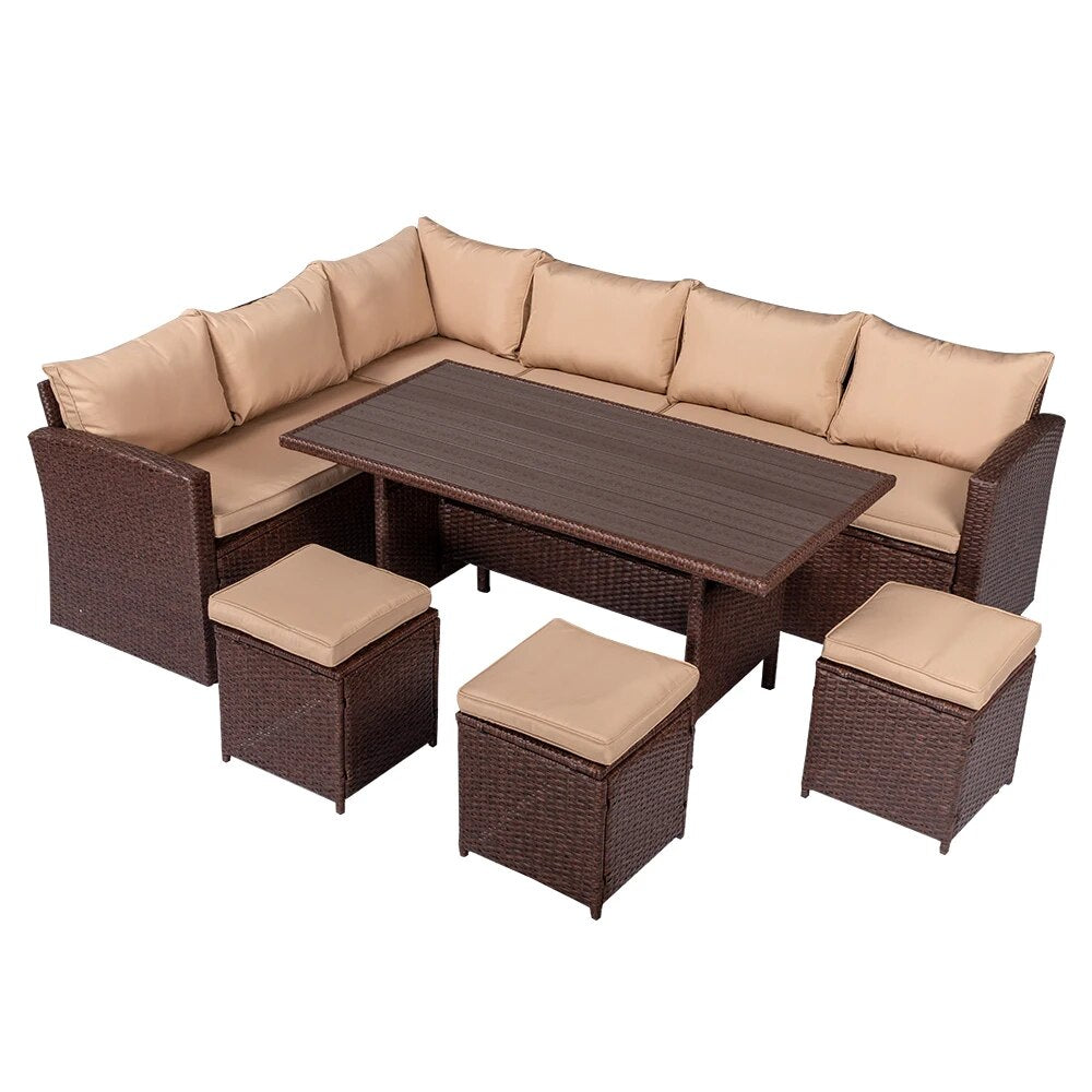 Eight-Piece Set Outdoor Rattan Dining Table And Chair Brown Wood Grain Rattan Khaki Cushion Plastic Wood Outdoor Furniture Set