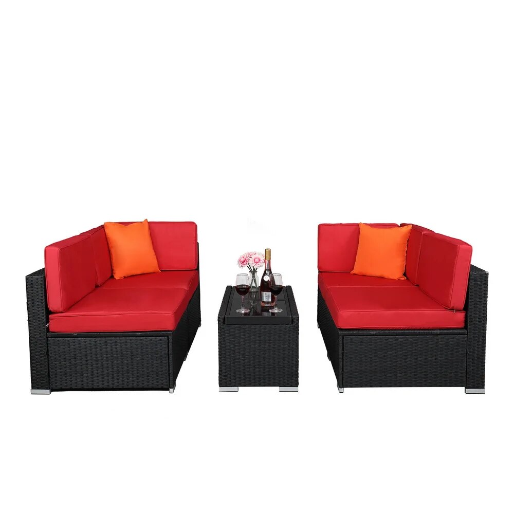 5Pcs Patio Furniture Set Include 2 Corner Sofa 2 Armless Sofa 1 Insulated Coffee Table PE Rattan Iron Black 4-Wire Red Cushion