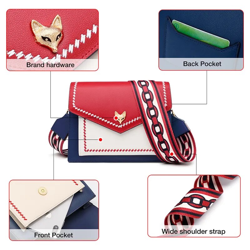 FOXER Brand Women Messenger Crossbody Bag Lady Colorful Panelled Flap Designer Shoulder Bag Small Split Leather Purse for Female