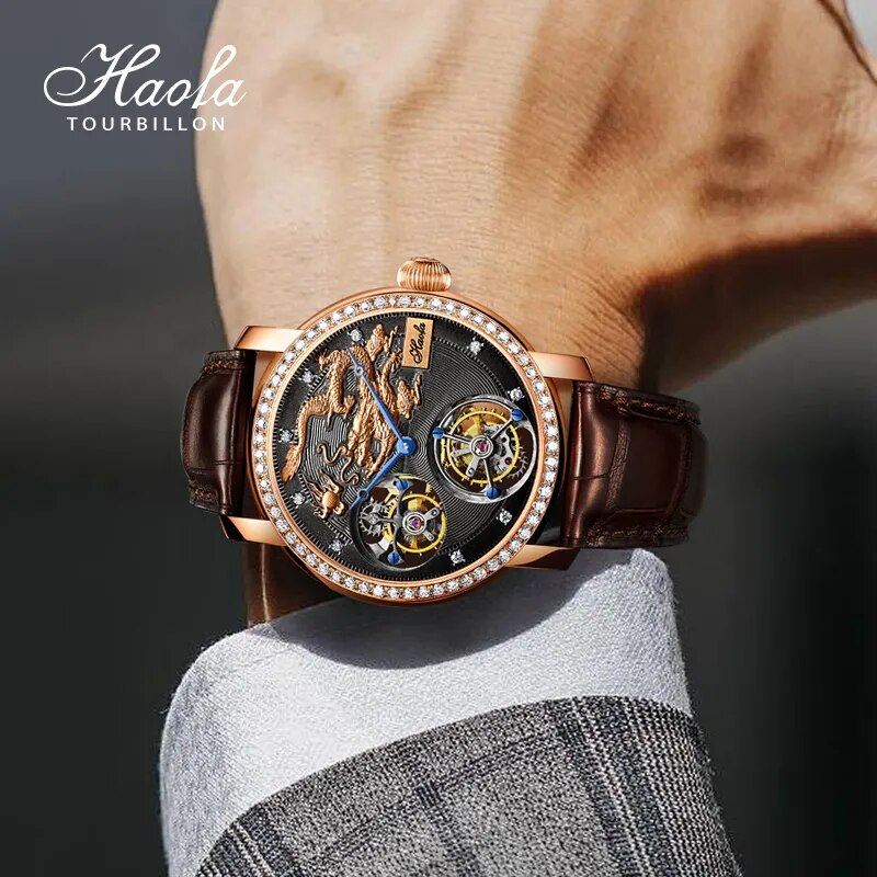 HAOFA Luxury 18K Gold Double Tourbillon Movement Skeleton Mens Watch Manual Mechanical Diamond Rose Watch For Men Sapphire K002